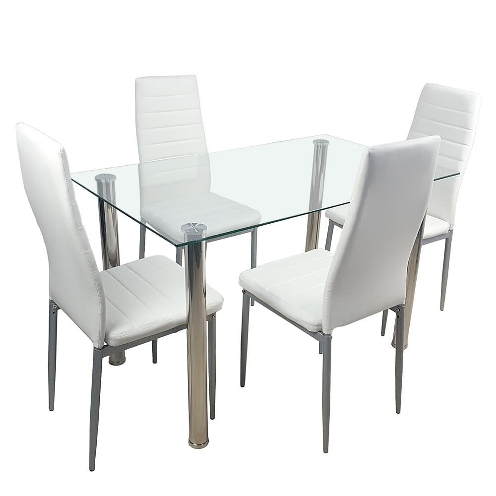 Ktaxon Dining Table set 5 Piece Dining Table Set Tempered Glass Top Dinette Sets with 4 PU Leather Chairs,Light White