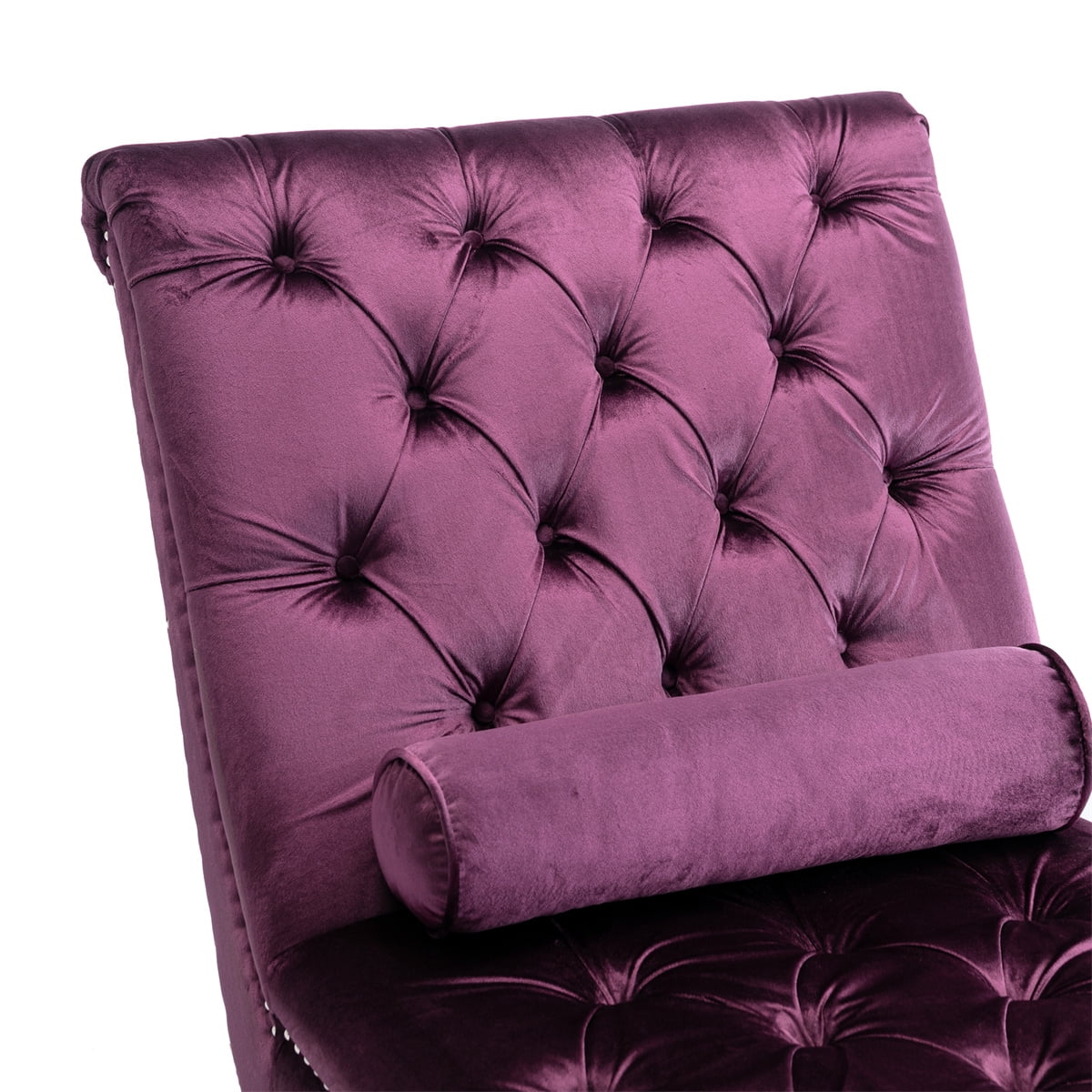 Velvet Chaise Lounge Chair, Modern Button Tufted Lounge Chair with Acrylic Legs and Nailhead Trim, Upholstered Sleeper Chair with Toss Pillow for Living Room Bedroom, Purple
