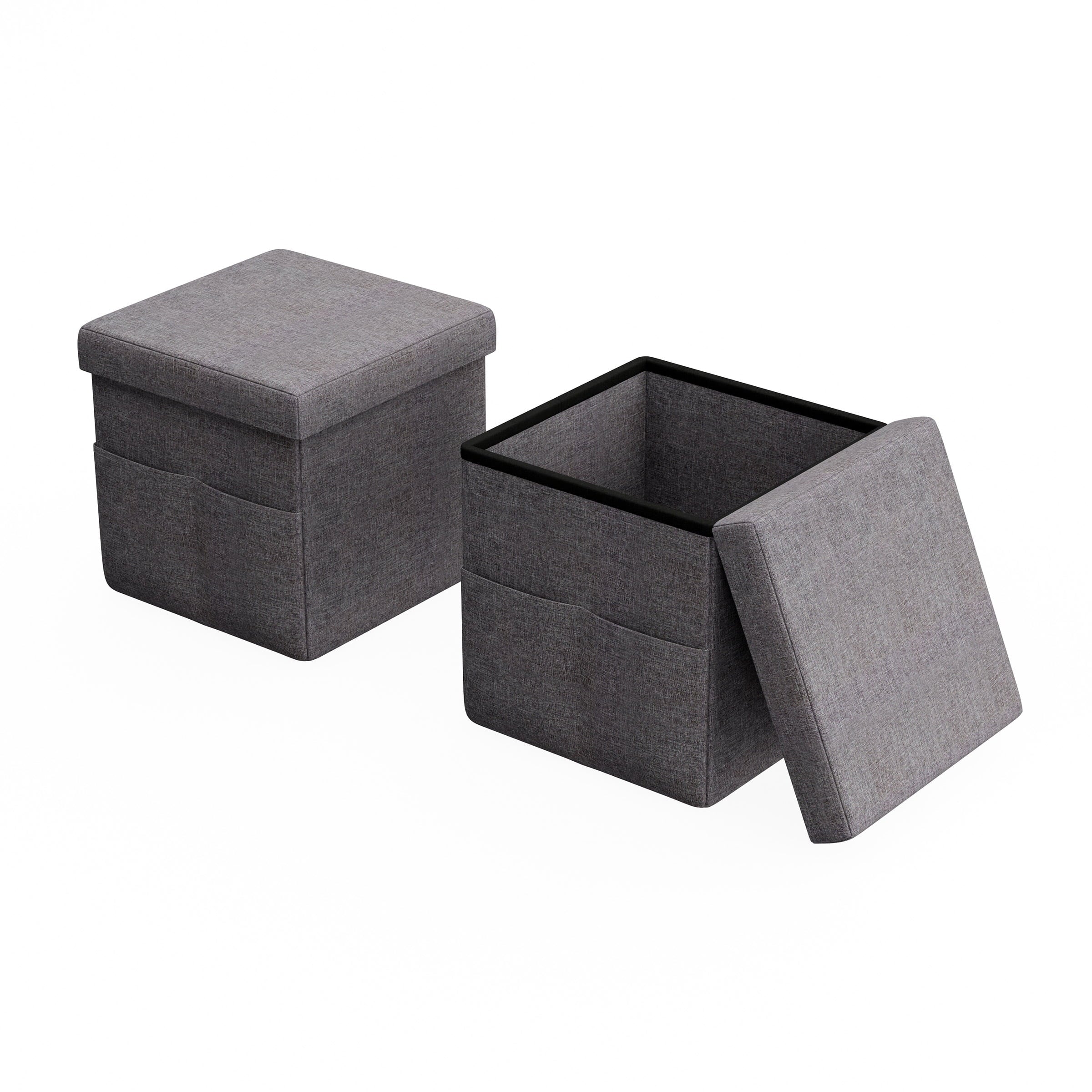 Foldable Storage Cube Ottoman with Pockets (Pair, Charcoal Gray)