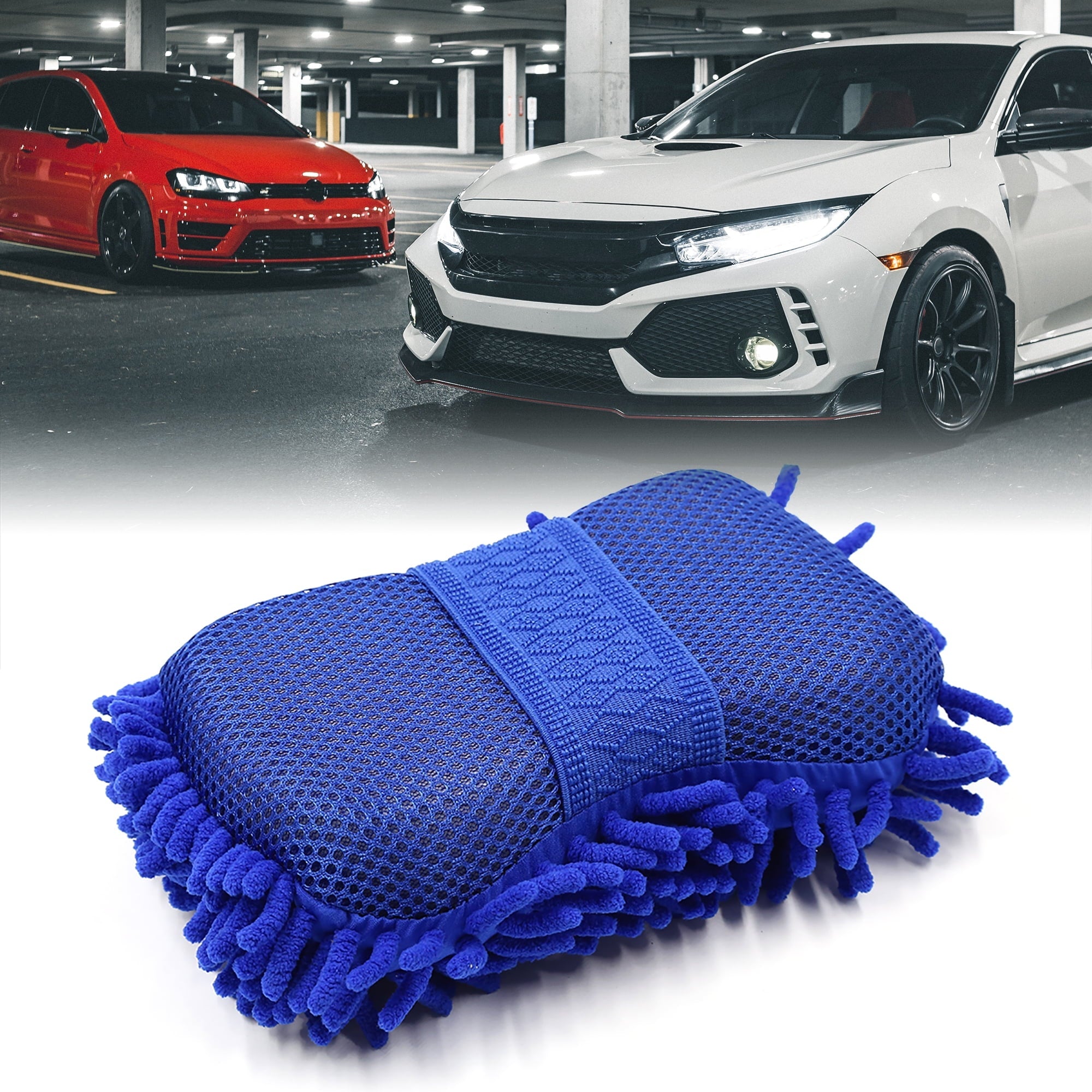 Durable Practical Microfiber Chenille Car Wash Sponge w Elastic Hand Strap Blue