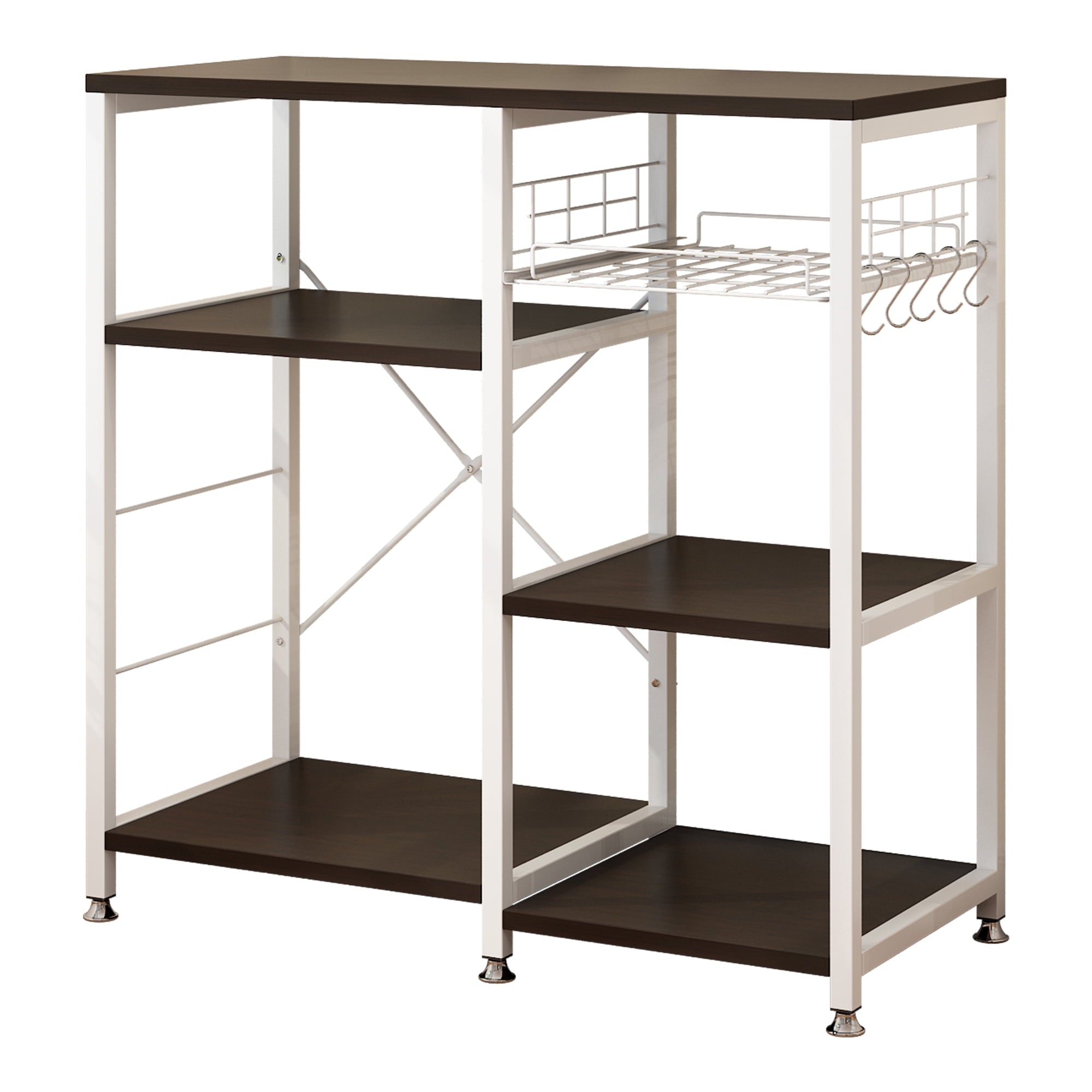 UbesGoo 4-Layer Kitchen Microwave Oven Stand Baker's Rack Storage Shelf Organizer with Basket and Hooks, Dark Brown