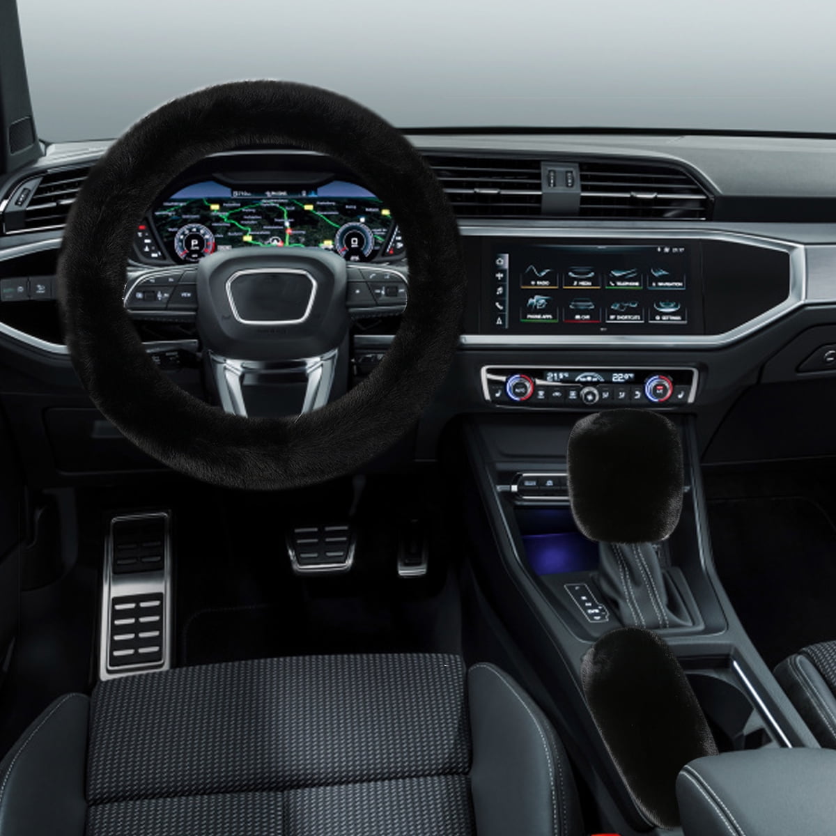 5 PCS Faux Rabbit Fur Fuzzy Steering Wheel Cover Soft Warm Winter Gear Knob Shift Handbrake Fluffy Cover Seat Belt Pads Kit Universal Fit Black Car interior Accessory for Women