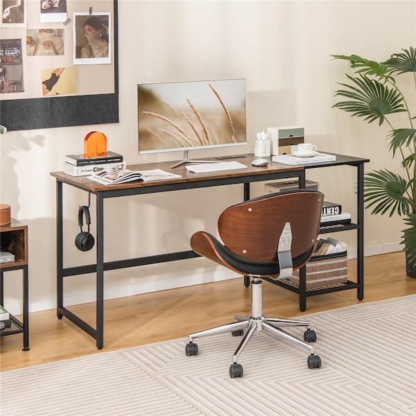 59 in. Rectangular Brown Wood Home Office Computer Desk Study Laptop Table Detachable Shelf