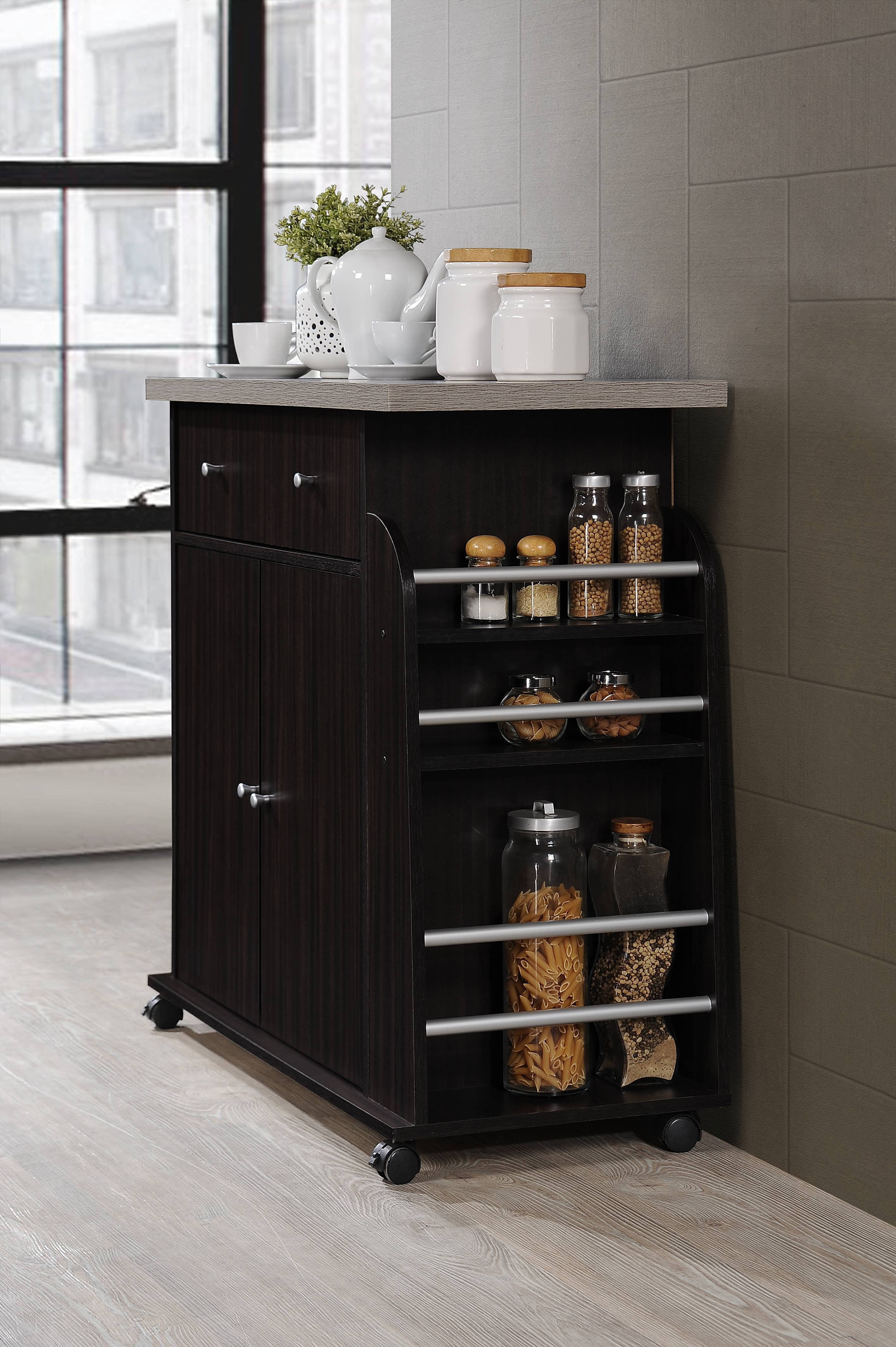 Hodedah Kitchen Cart with Spice Rack & Towel Rack, Chocolate