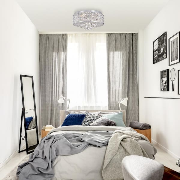 Clara 17.5 in. Glam 4-Light Chrome Flush Mount with Crystal Beaded Drum shade and Hanging Crystals