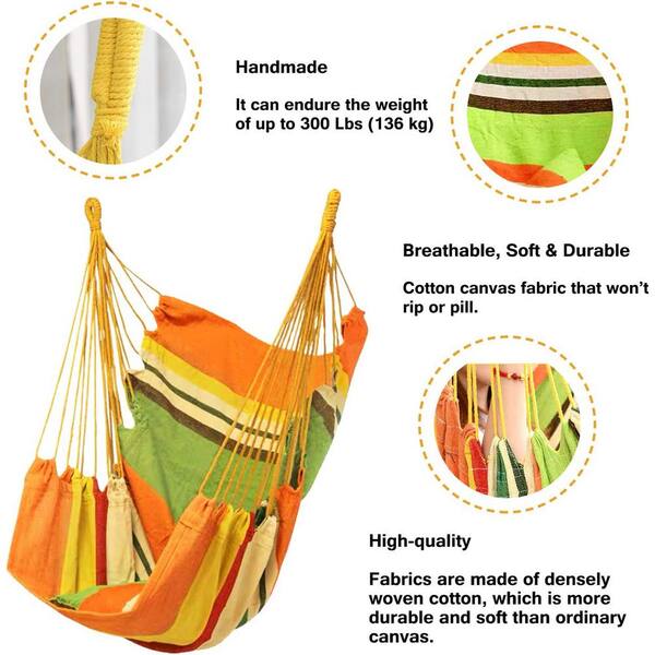 Hammock Chair Hanging Rope Swing, Max 300 lbs. Hanging Chair with Pocket- Quality Cotton Weave (Orange)