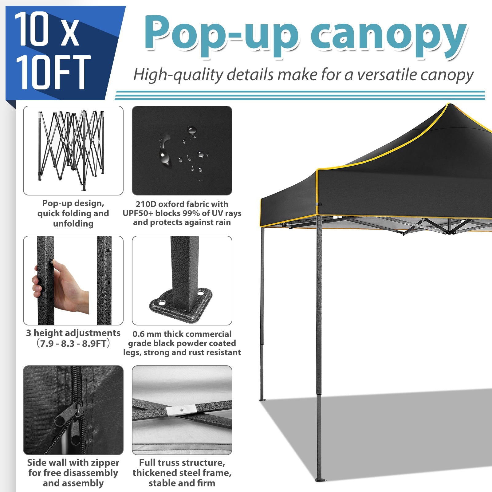 GANWAY 10'x10' EZ Pop up Canopy Tent Outdoor Party Instant Sun Shade Sun Shelter Portable Folding Beach Canopy with 4 Stakes & 4 Ropes & Carrying Bag, Black