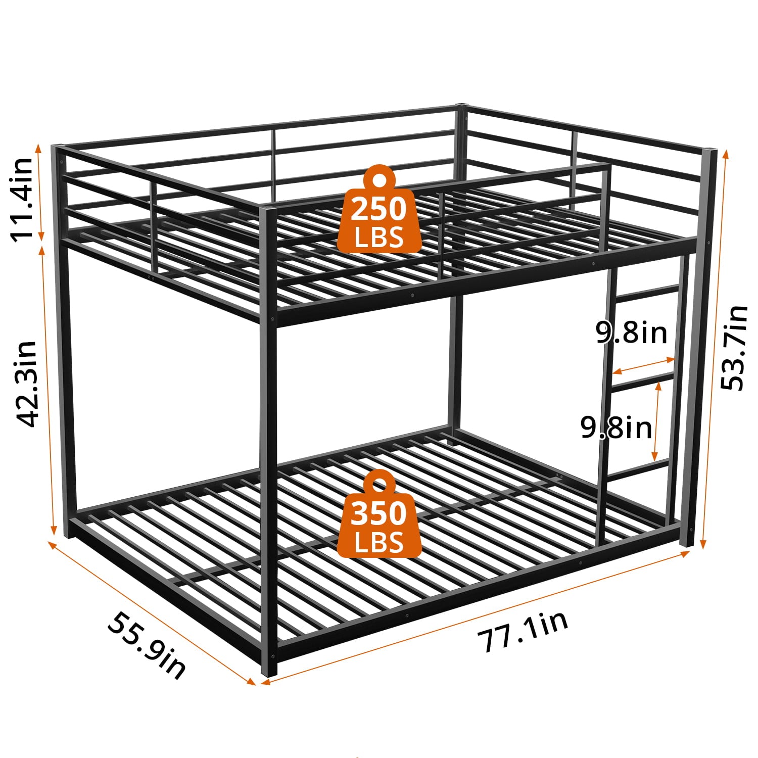 Full over Full Low Bunk Bed for Kids Teens Adults, Metal Bunk Bed Frame with Ladder and Safety Guardrails, Load-Bearing 350lb, Noise Free, Black 77.1''Lx55.9''Wx53.7''H