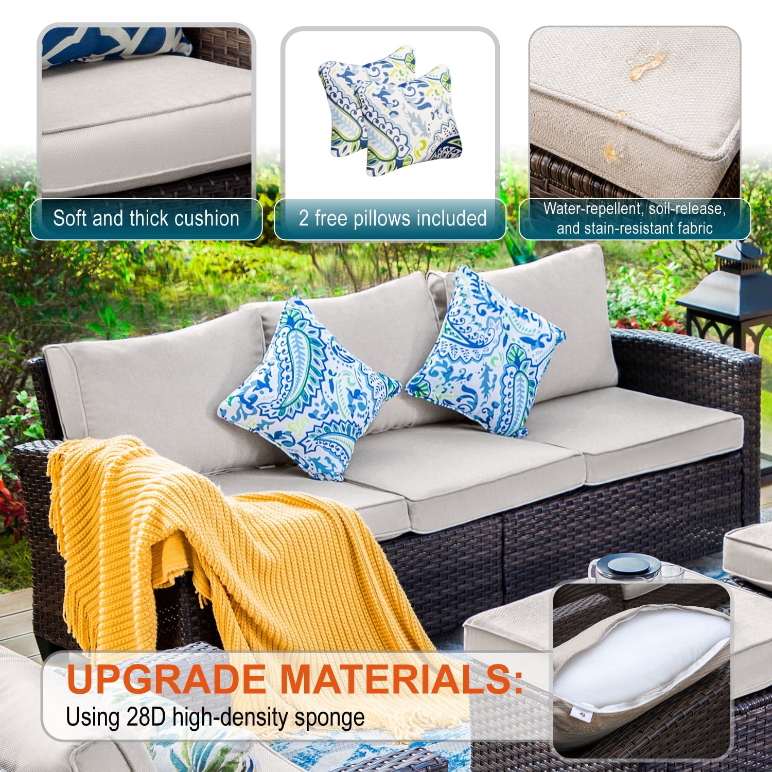 MF Studio 9-Seat Outdoor Patio Conversation Set Wicker Furniture Sofa Set Beige