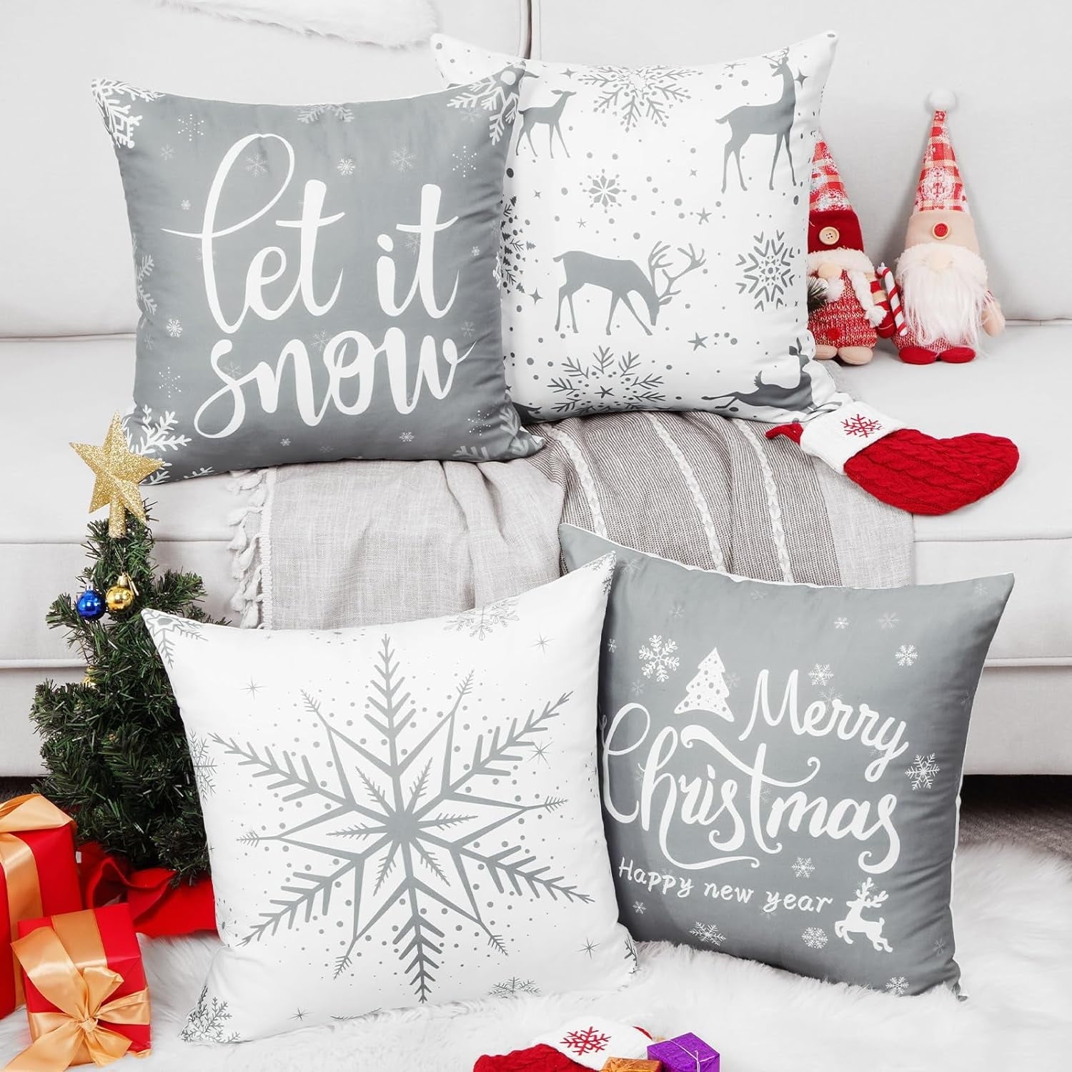 BLEUM CADE Christmas Pillow Covers 18 x 18 Inch,White and Grey Snowflake Throw Pillow Covers Set of 4 Xmas Elk Snowflake Cushion Covers for Winter Holiday