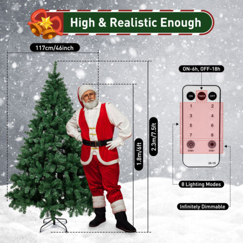 7.5Ft Dense Christmas Tree Hinged w/ 550 Multicolor Decoration Lights & Stand