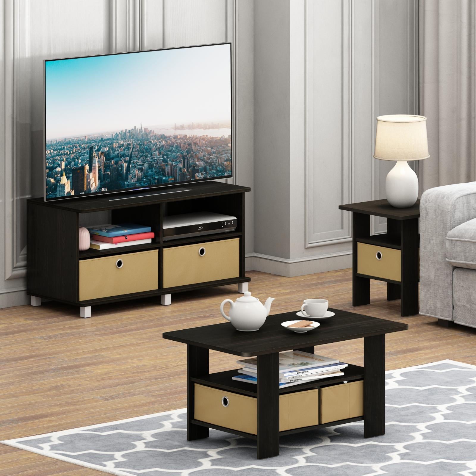 Furinno 2 Petite End Table Bedroom Night Stand - Set of Two, Gray/Black