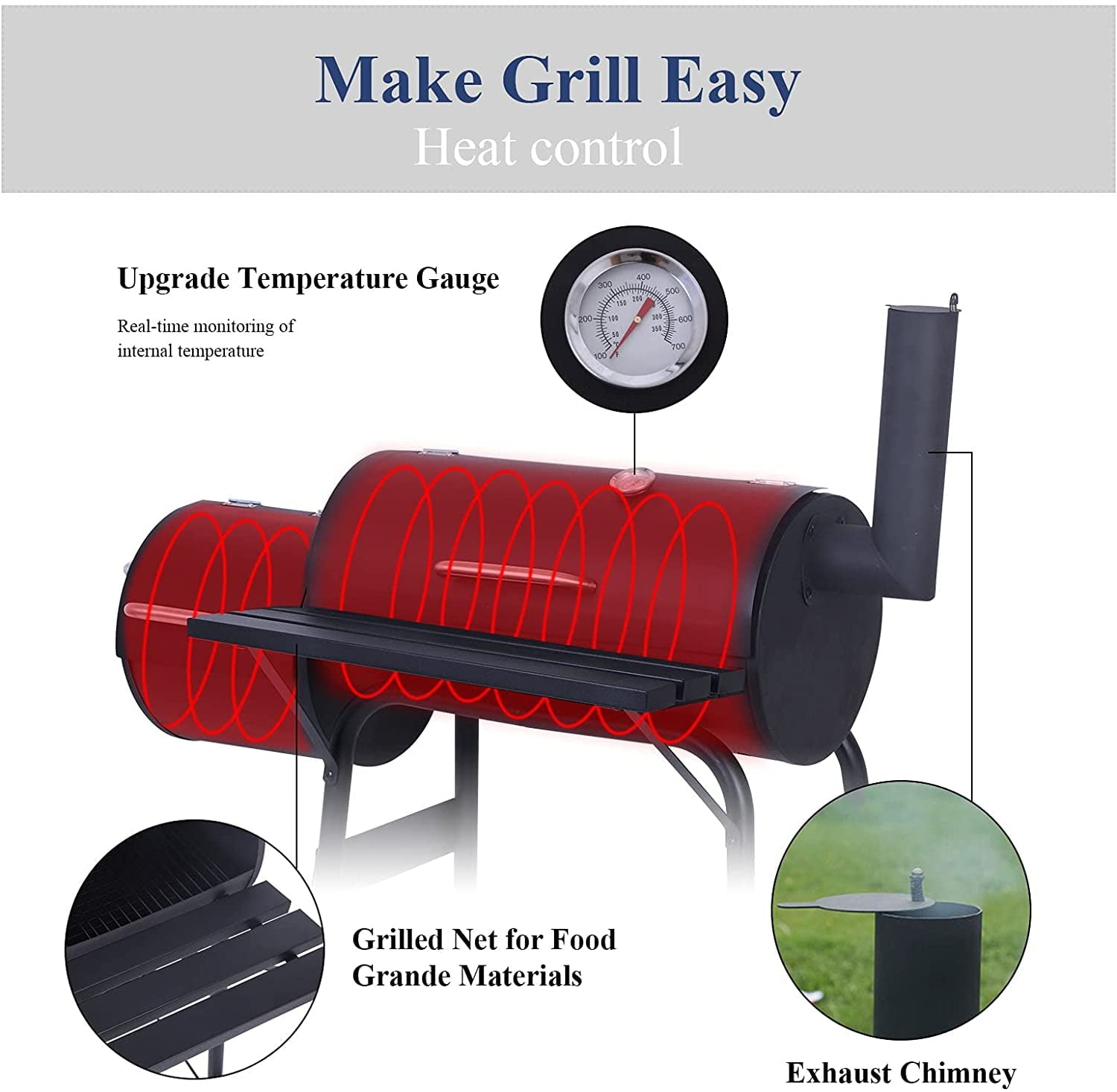Outdoor Portable BBQ Charcoal Grill with Offset Smoker, Black