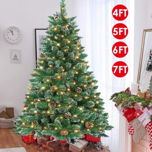 Christmas Tree with LED Lights 8 Modes & Pine Cones Snowy Flocked 4/5/6/7FT Xmas