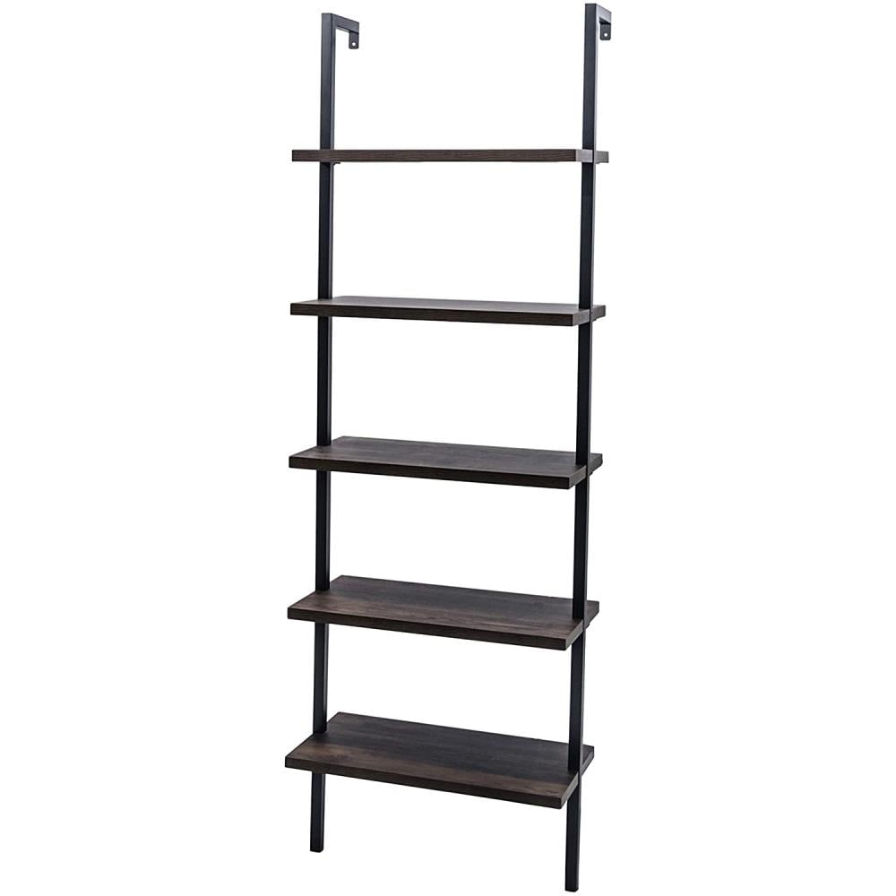 Zimtown 5-Shelf Wood Bookcase and Bookshelf, Wall Mounted Learning Ladder Display Rack, Black Finish