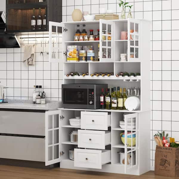 White Wooden Sideboard, Food Pantry, Storage Cabinet with 3 Drawers, 13 Shelves and Wine Rack