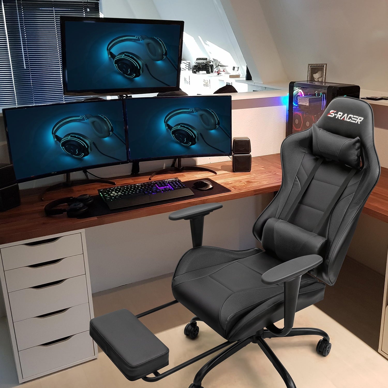 Homall Gaming Chair Massage Office Chair High Back PU Leather Chair with Footrest, Black