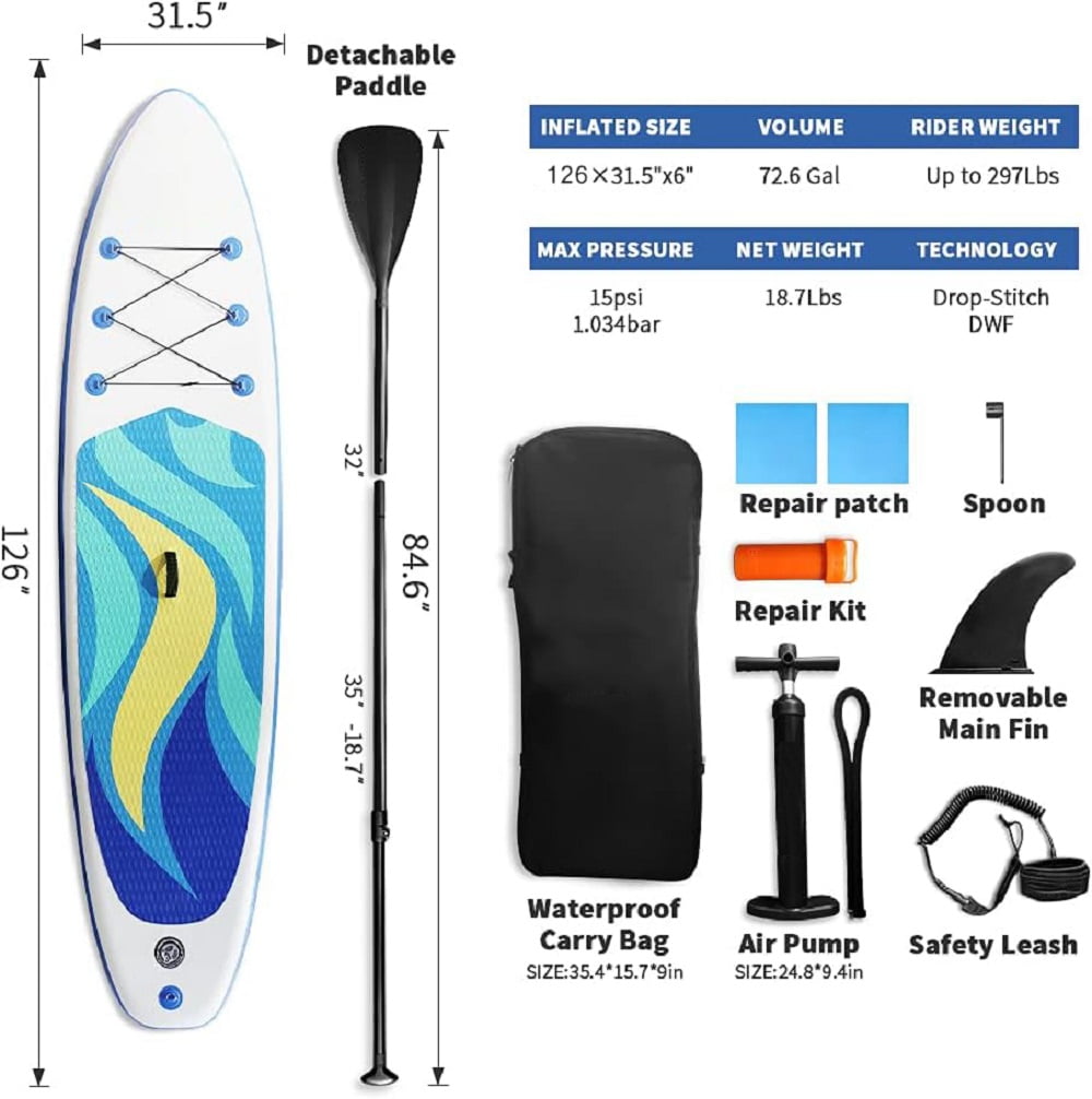 10.5ft Inflatable Paddle Board, Stand Up Paddle Board with Premium sup Accessories, Including Paddle, Leash, Fin, Repair Kit, Waterproof Backpack, Paddle Board for Adults Youth
