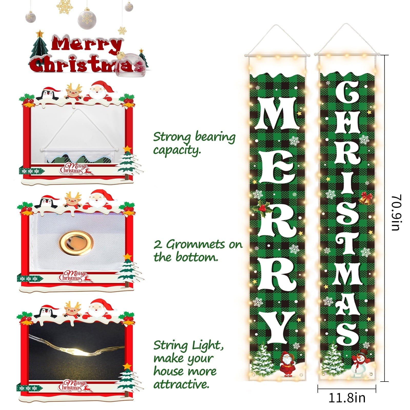 Christmas Decoration Banners with String Lights, Snow Pattern Merry Christmas Glowing Party Decor and Porch Sign, Green Plaid Christmas Decoration Banners for Indoor/Outdoor Front Door