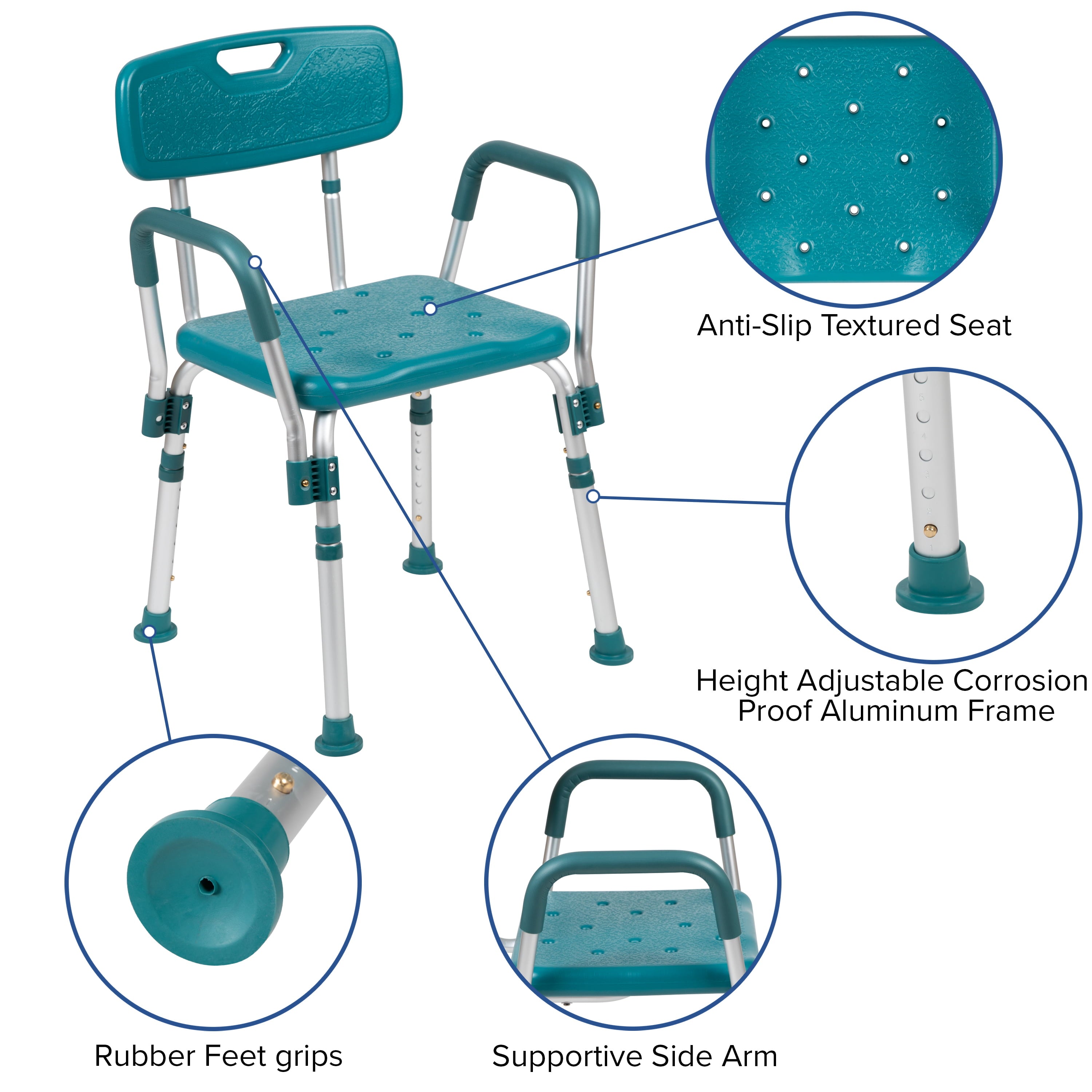 Flash Furniture HERCULES Series 300 Lb. Capacity Adjustable Teal Bath & Shower Chair with Quick Release Back & Arms