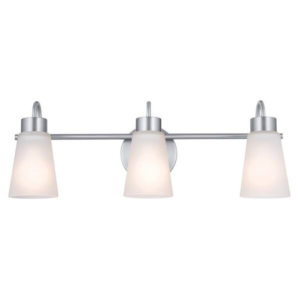 Erma 23 in. 3-Light Brushed Nickel Traditional Bathroom Vanity Light with Satin Etched Glass Shades