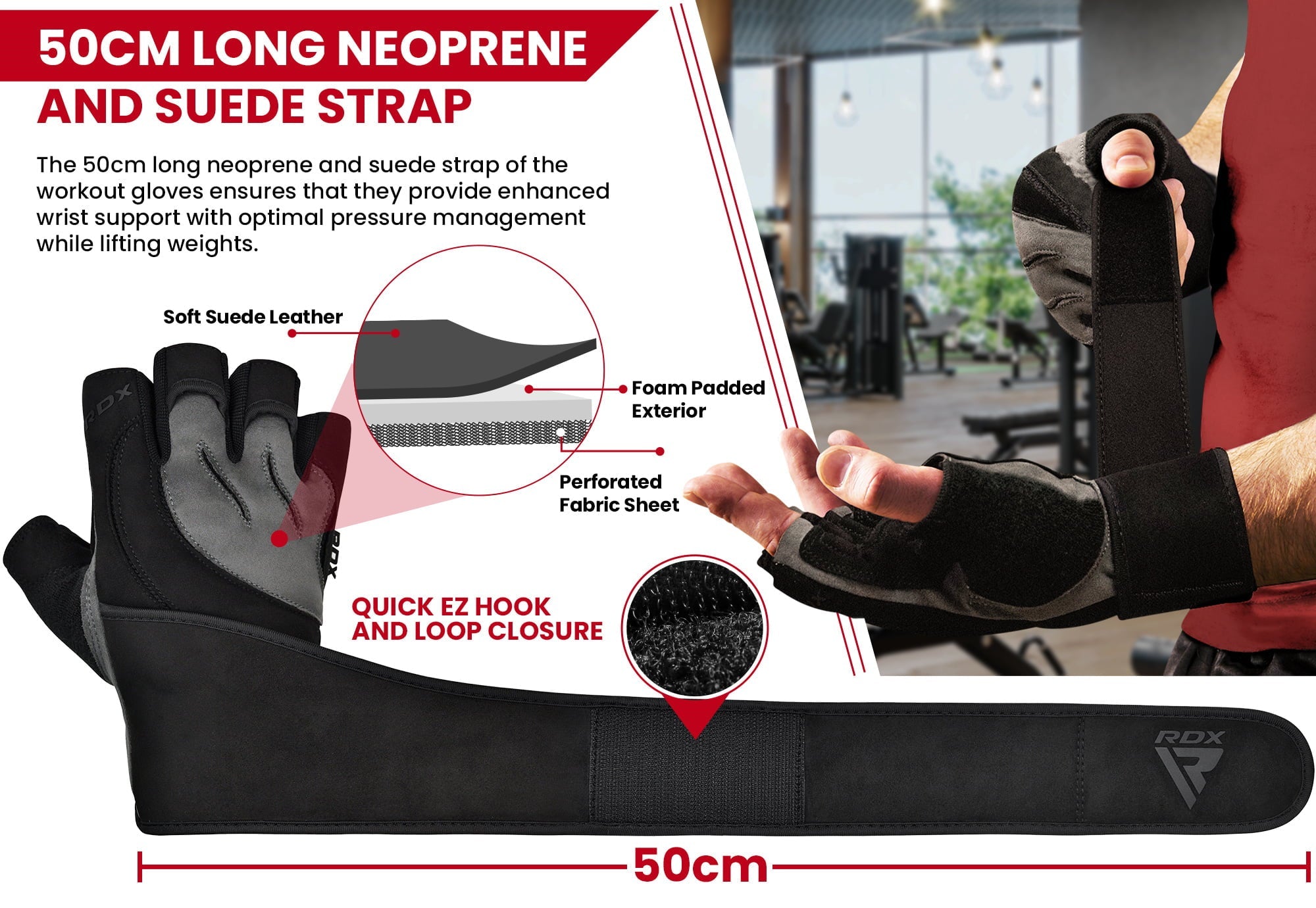 RDX Weight Lifting Gloves for Gym Workout, Long Wrist Support with Anti Slip Palm Protection  Great Grip for Fitness, Bodybuilding, Powerlifting, Strength Training, Men Women Gym Home Exercise