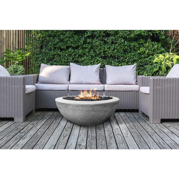 Belvedere 29 in. x 12 in. Round Concrete Natural Gas Fire Pit in Pewter with 27 lbs. Bag of 0.75 in. Black Lava Rocks