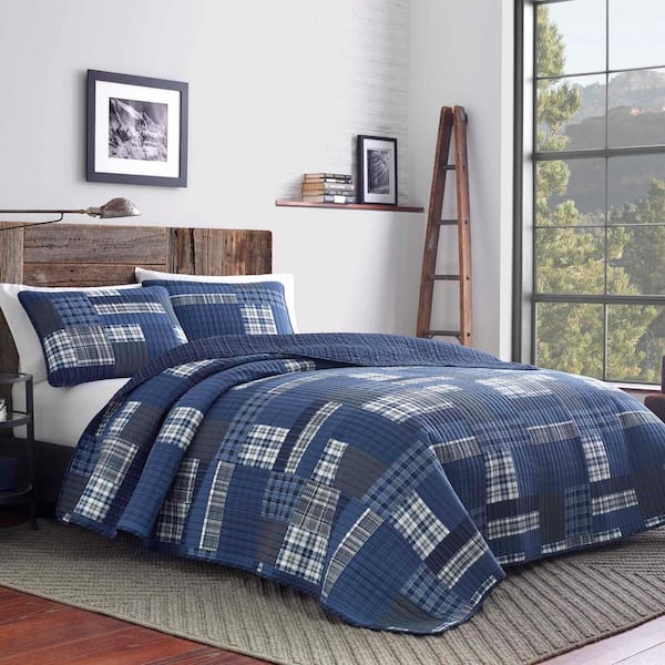 Eastmont 3-Piece Navy Blue Plaid Cotton Full/Queen Quilt Set