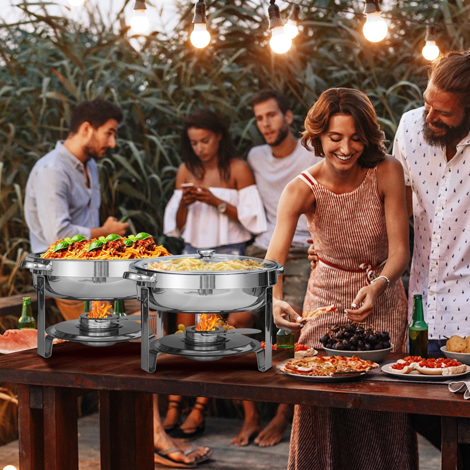 Warmounts Chafing Dish Buffet Set, 2 Pack 5-Quart Round Buffet Chafe Warmer Set, 410 Stainless Steel Chafing Dish Buffet Food Warmer with Glass Lid & Holder for Party Home Garden Wedding Events