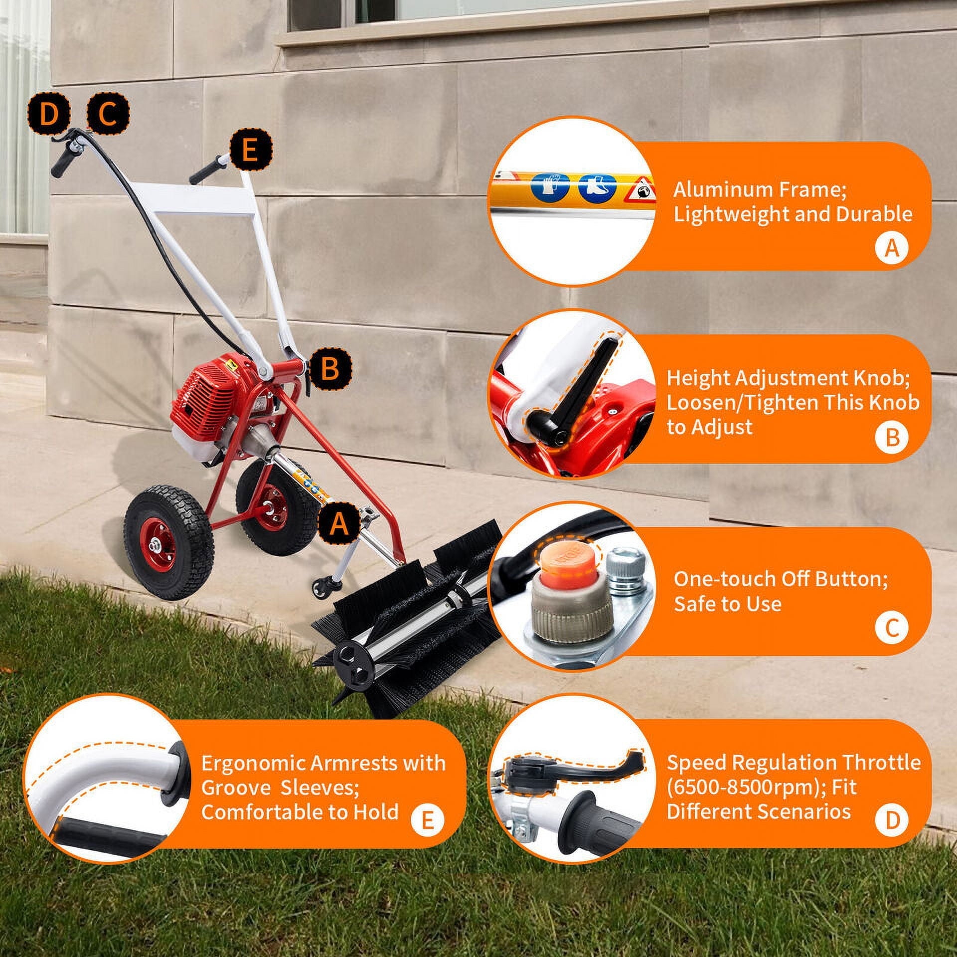 OUKANING 43cc 1.7hp Petrol Sweeper Handheld Lane Cleaner Snow Plow Snow Clearing Device