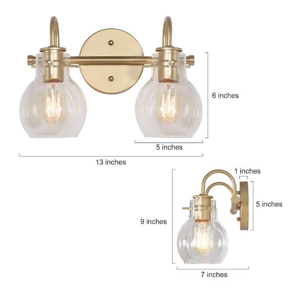 Modern Light Gold Bathroom Vanity Light 13 in. W 2-Light Powder Room Wall Light with Globe Clear Glass Shades