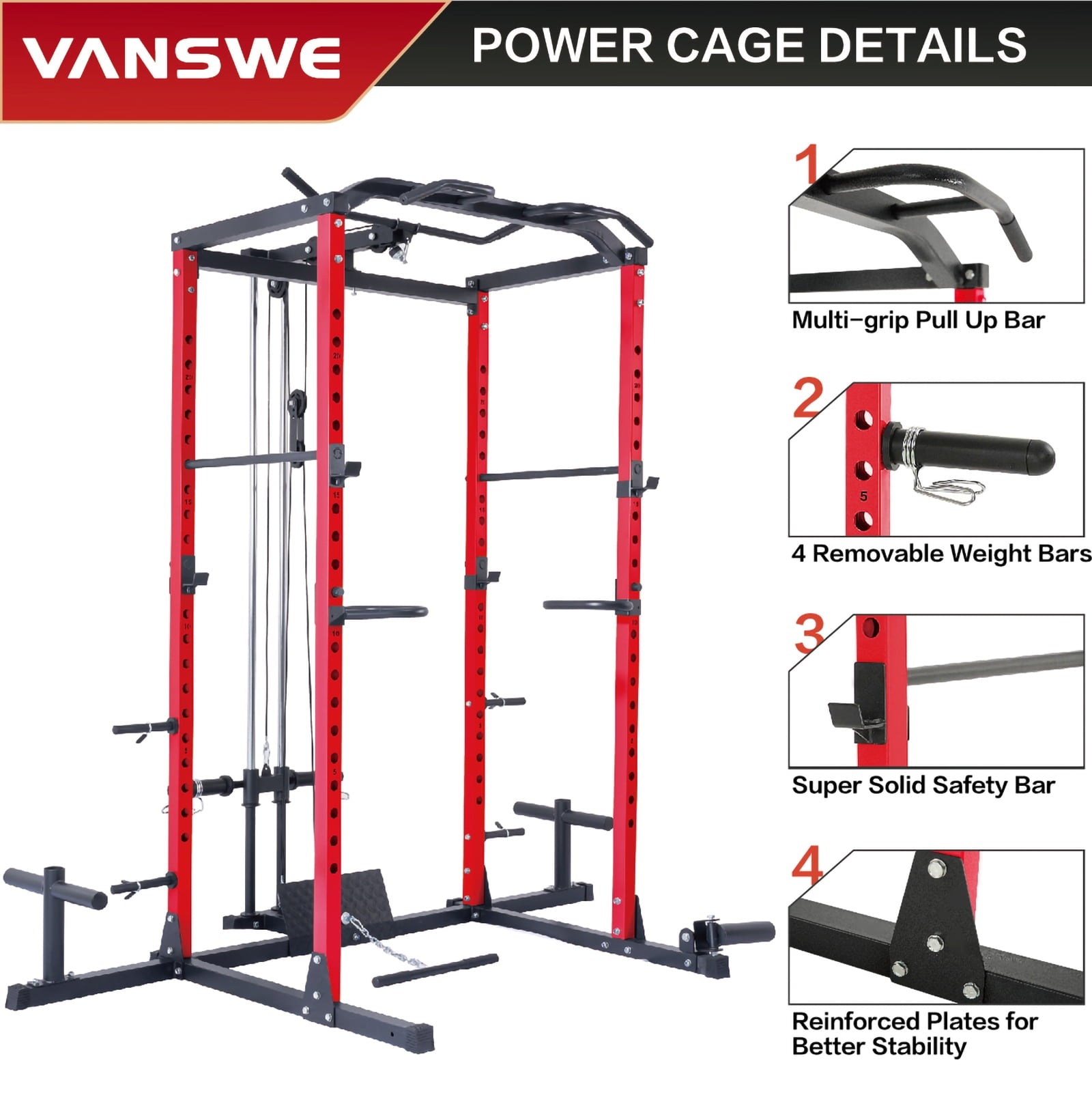 Vanswe Power Cage with LAT Pulldown Attachment,  1000-Pound Power Rack Home Gym