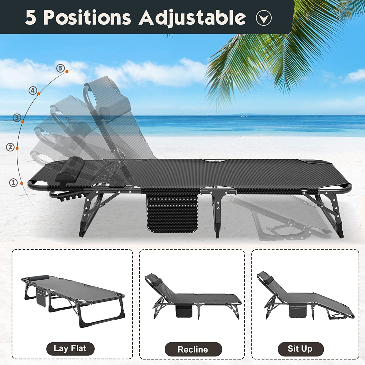 SLSY Folding Camping Cot with 2 Sided Cushion & Pillow, Adjustable 5-Position Outdoor Portable Folding Lounge Chair, Folding Sleeping Cots Bed