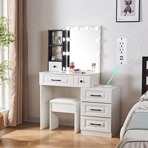 White Modern Makeup Dressing Table With Charging Station Vanity Desk With Slidin