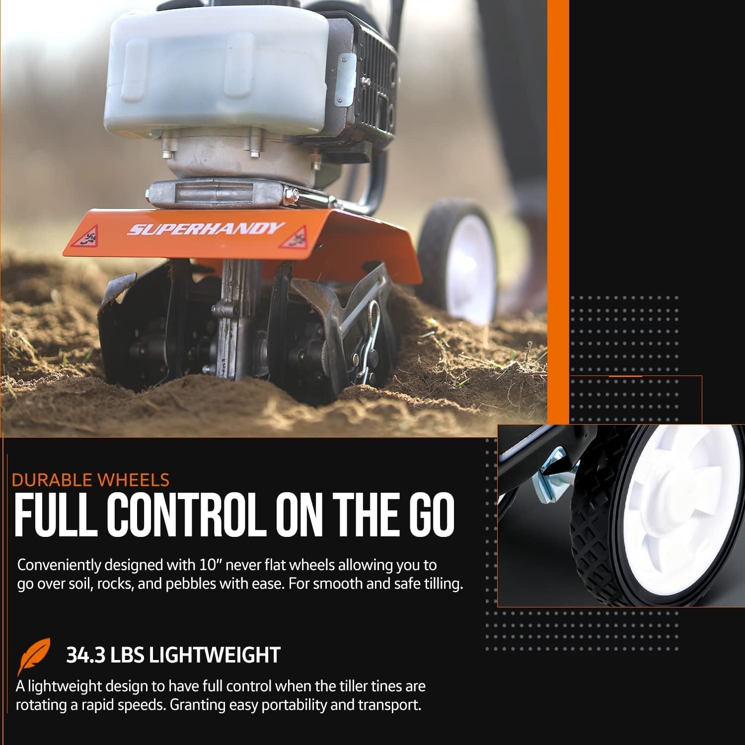 SuperHandy Mini Garden Tiller - 3HP Gas Engine, Adjustable Tines, 11