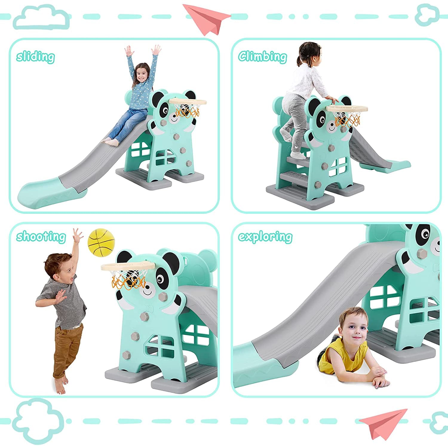 Arlopu Sturdy Kids Slide, Plastic Toddler First Slide Climber Set Indoor Outdoor Playground Toy with Basketball Hoop and Ball