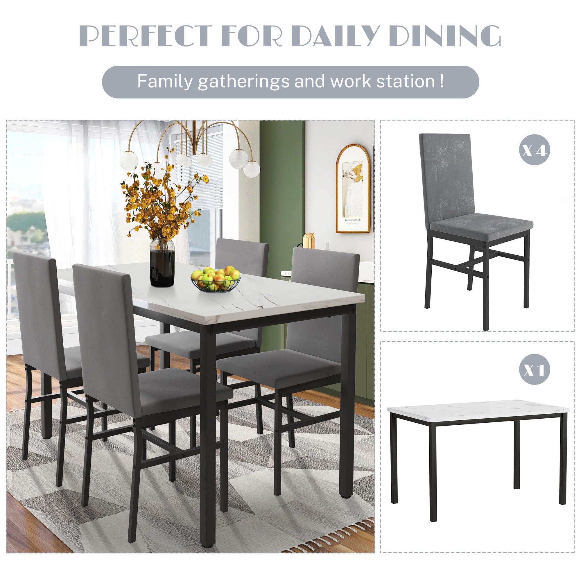 Paproos Dining Table Set for 4, Modern 5-Piece Kitchen Table Set with Marble Top and Velvet Upholstery Chairs, Heavy Duty Dinette Sets for Breakfast Nook, Dining Room Table and Chairs, Gray