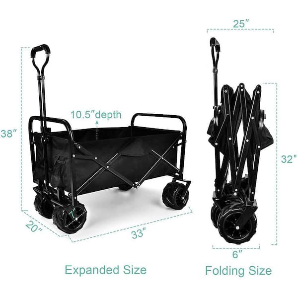 Heavy Duty Folding Portable Steel Cart Wagon in Black with 7 in. Widened All-Terrain Wheels