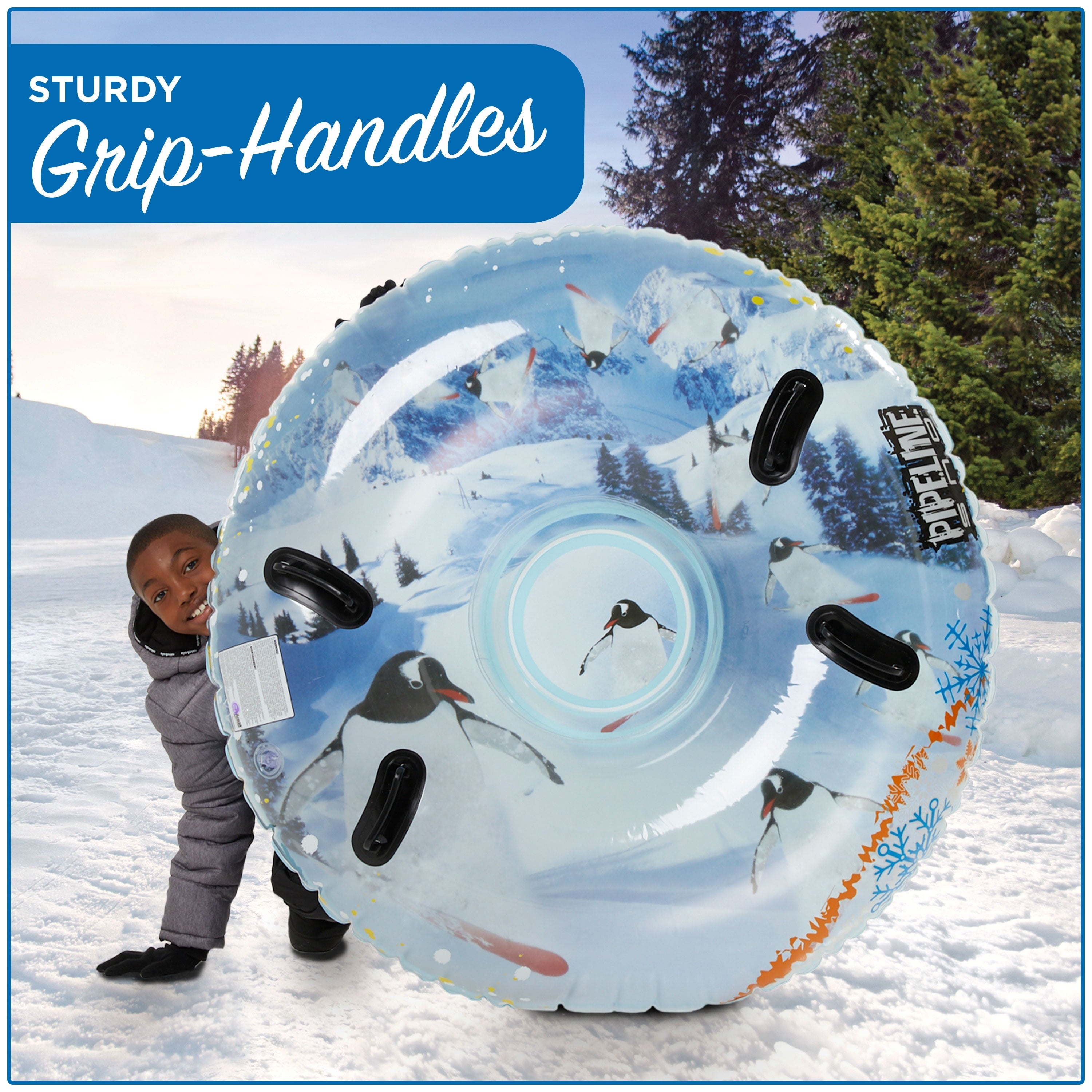 Pipeline Sno 48 in. Inflatable Mega Air Transparent Snow Sled Tube, Penguin Design, PVC Material