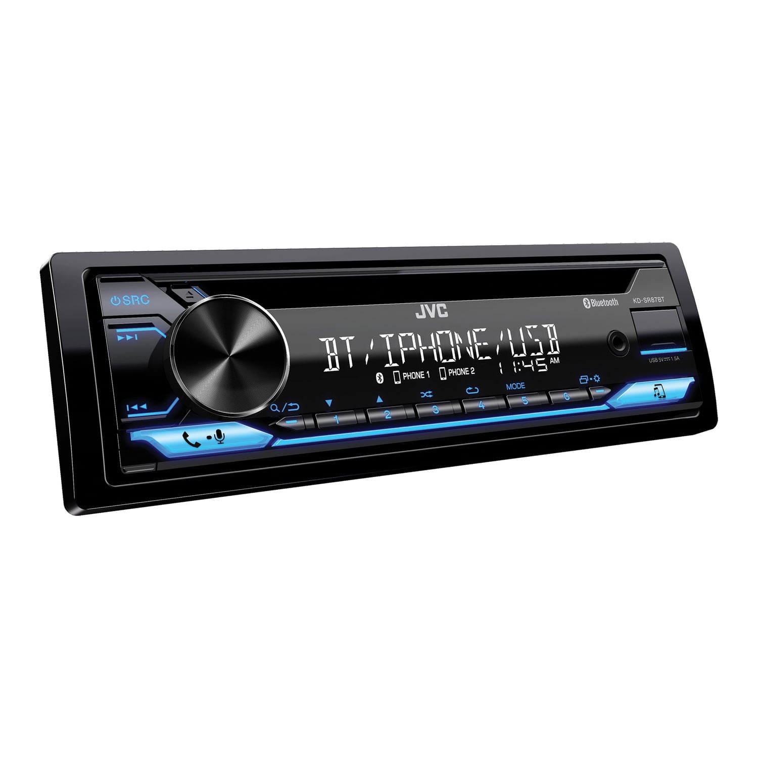JVC KD-SR87BT Single DIN Car Stereo CD Player, with High Power Amplifier, AM/FM Radio, Bluetooth Audio, USB, MP3, Removable Faceplate