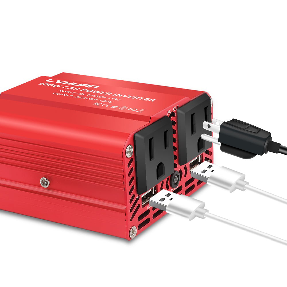 Yinleader 300W DC 12V to AC 110V Power Inverter Car Converter Charge Adapter 2USB 2AC Red