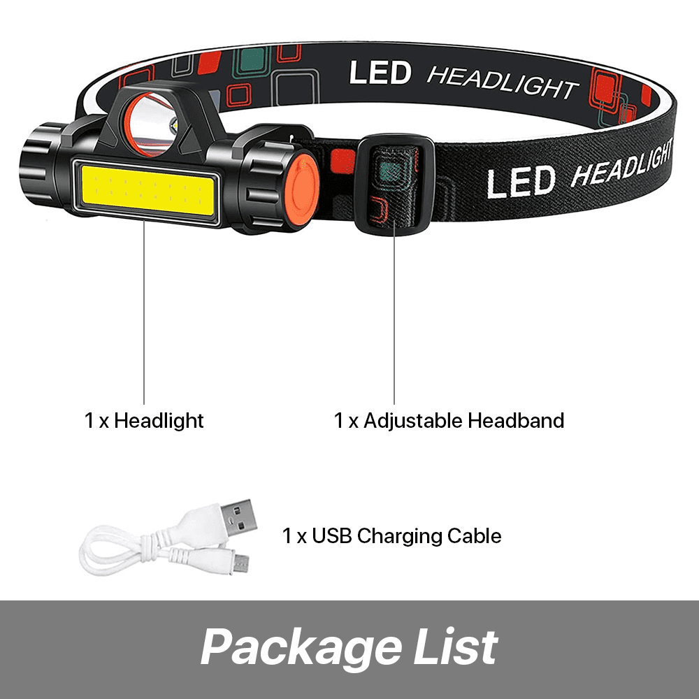 SUGARDAY Led Headlamp Flashlight Rechargeable Waterproof for Camping Hiking Adjustable Headband 2 Modes Black