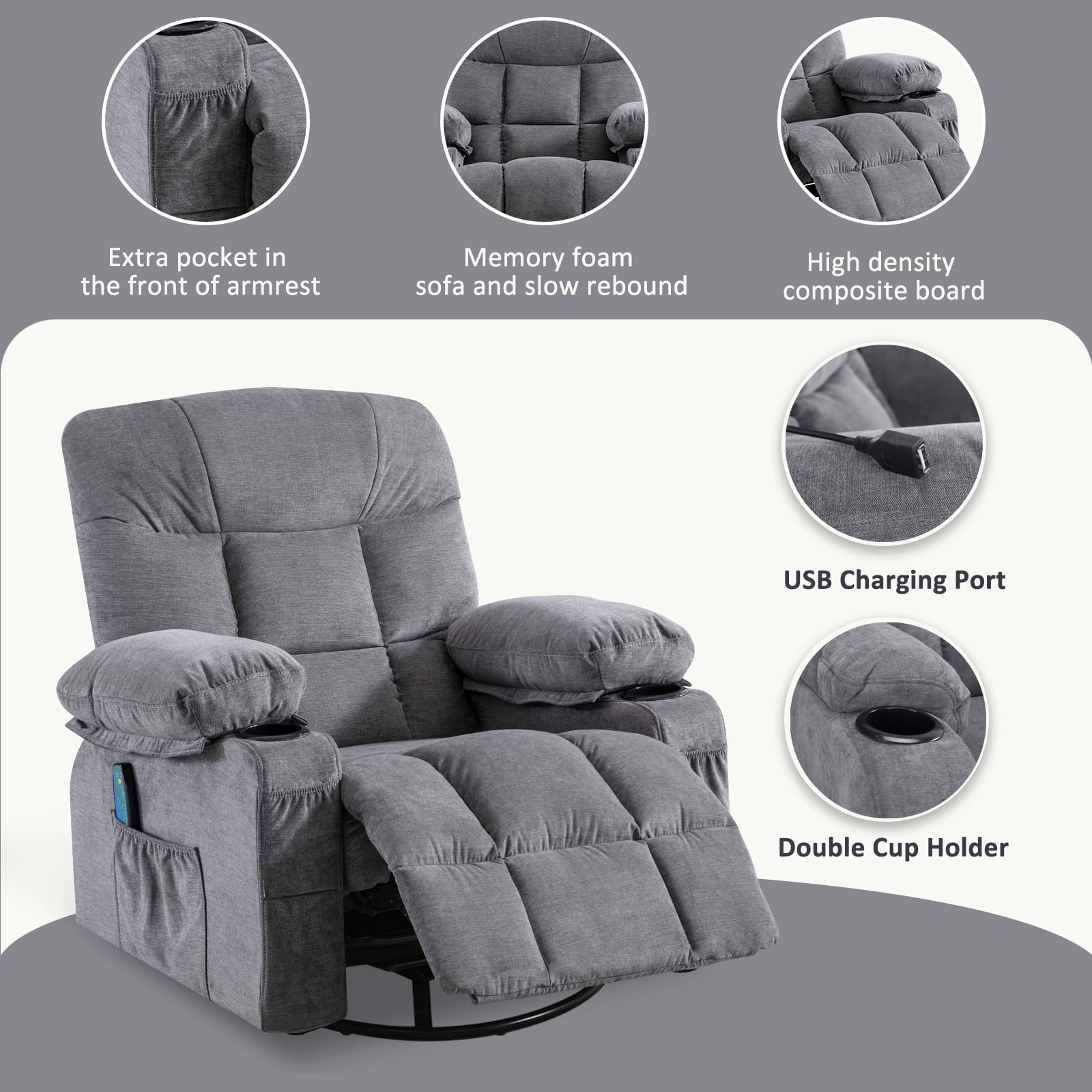 JONPONY Massage Rocker Recliner Chair, Stainless steel, Grey
