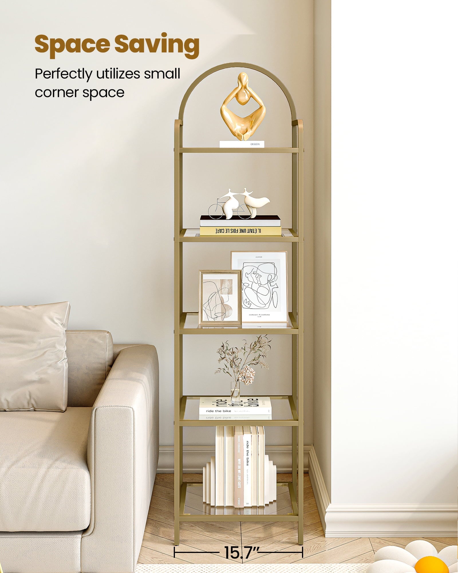 Hzuaneri 5 Tier Ladder Shelf，Tempered Glass Bookcase Bookshelf, Shelving Unit, Gold BC05001G