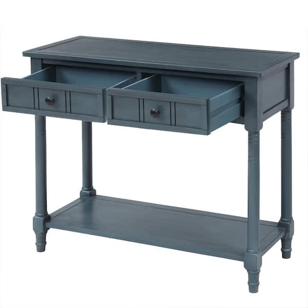 36 in. Rectangle Navy Wood Console Table with 2-Drawers and Bottom Shelf