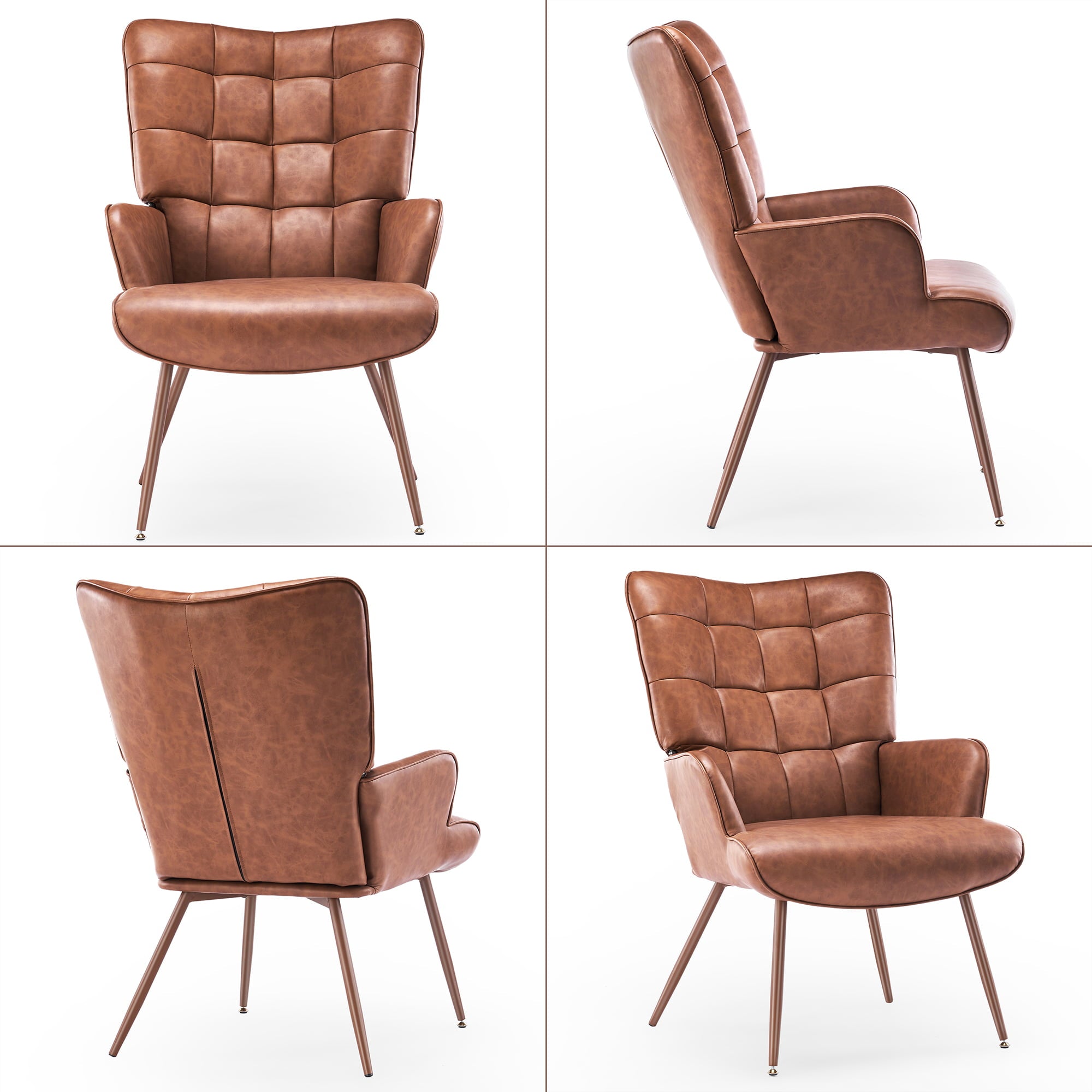 Unikome Livingroom Chairs  Mid-Century Modern Accent Chair, Faux Leather Wingback Accent Chair PU Leather Accent Chair for Home Office/Living Room/Bedroom, Brown