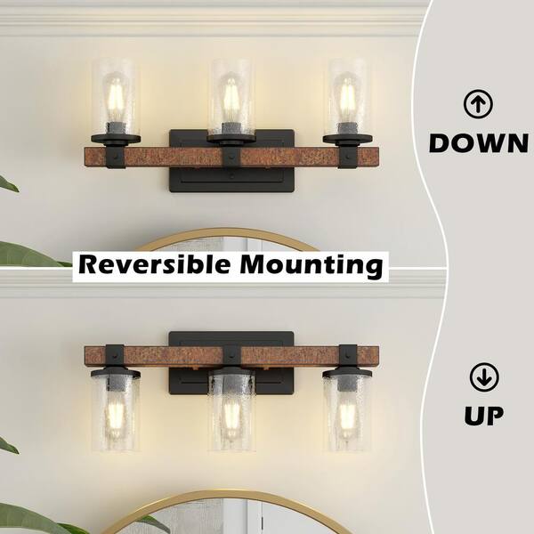 22 in. 3 Light Barn Wood and Matte Black Vanity Light with Clear Seeded Glass