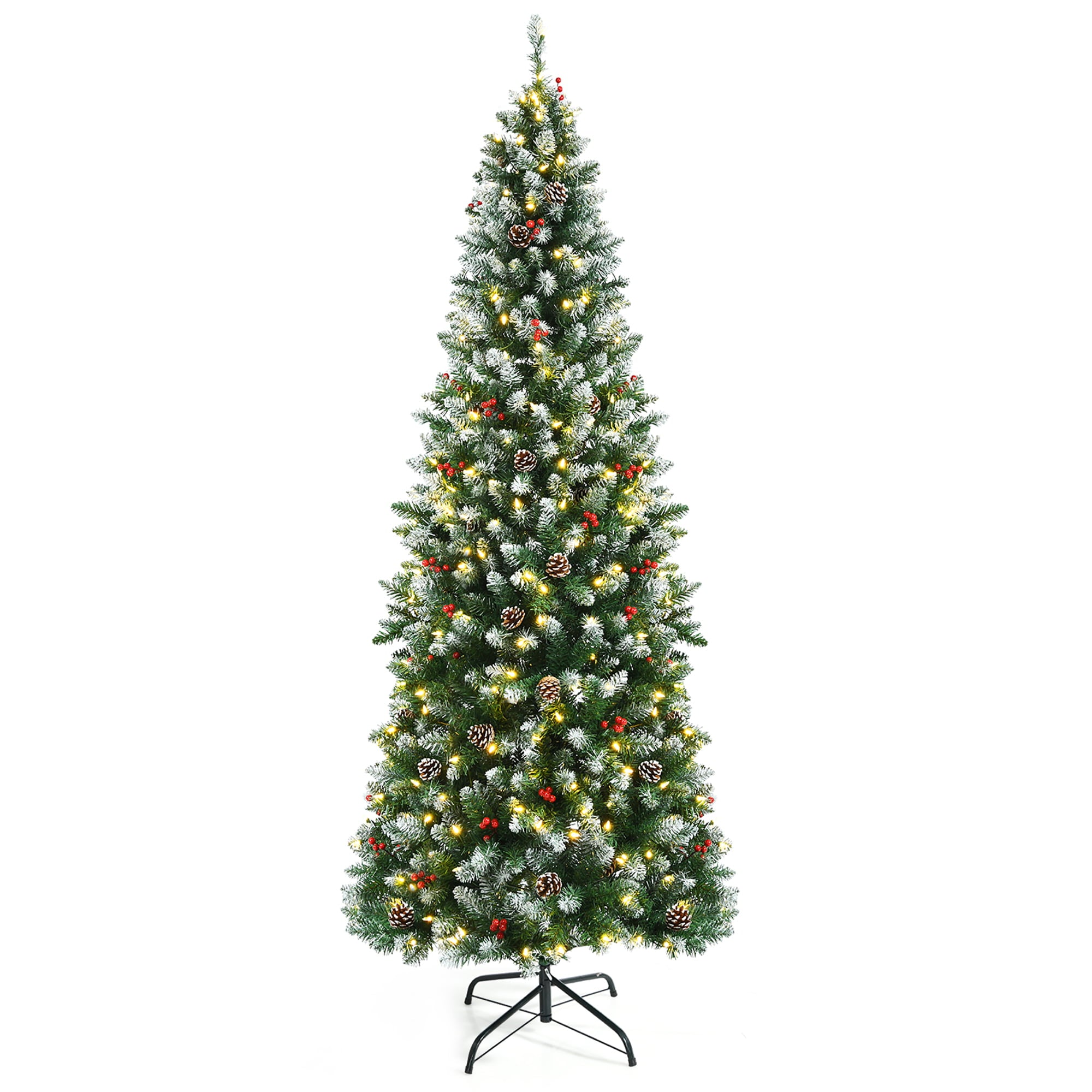 7ft Pre-lit Artificial Hinged Pencil Christmas Tree Decorated Snow Flocked Tips