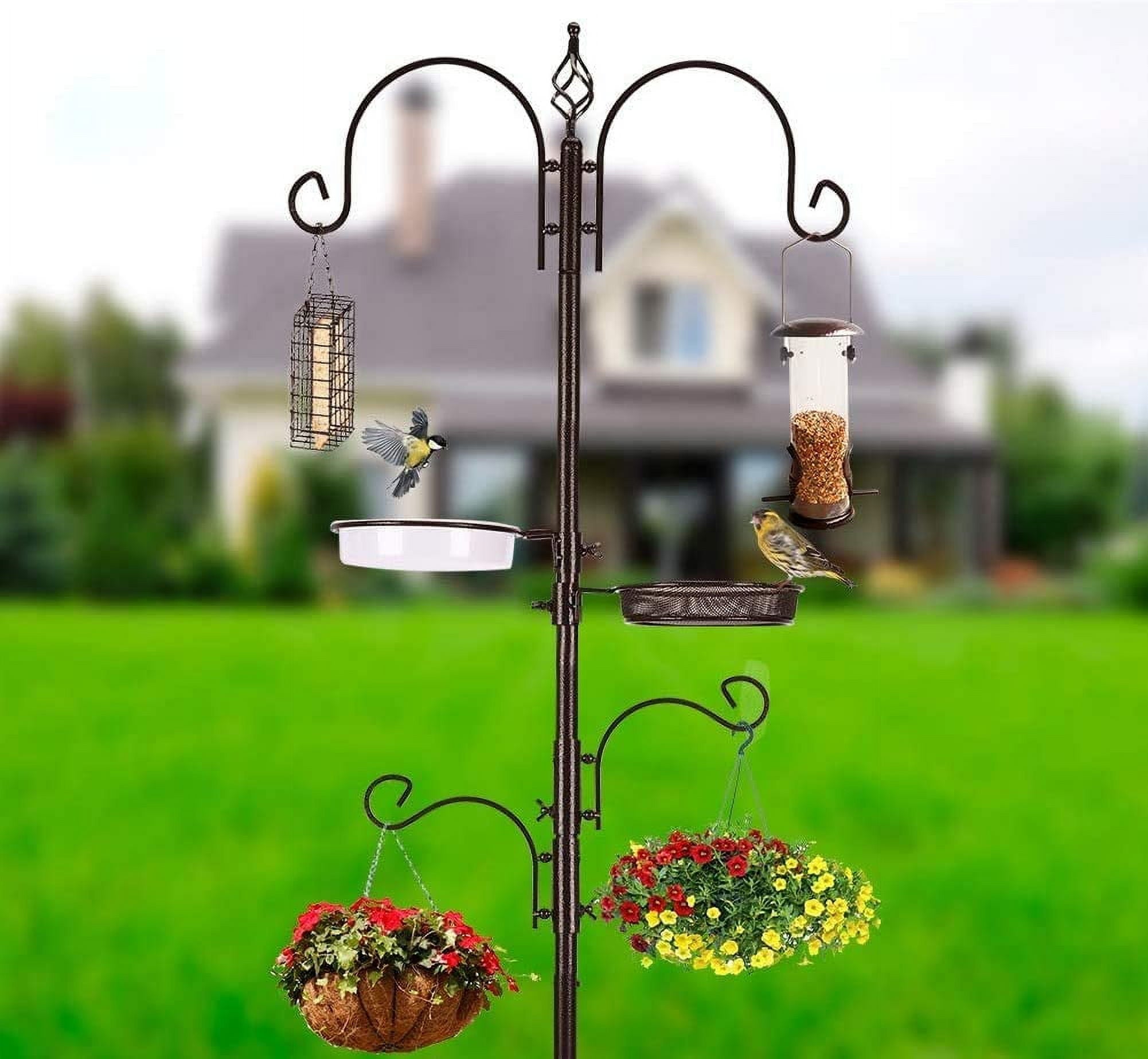 Bird Feeding Station Kit 91 Inch 4 Hooks with 2 Bird Feeder and Bath Tray Bird Feeder Pole Wild Bird Feeder Metal Suet Feeder Bird Bath-Black
