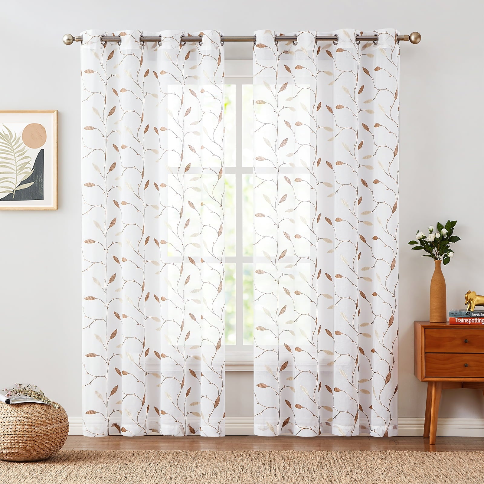 Curtainking Farmhouse Leaf Embroidery Grommet Sheer Curtains, 58